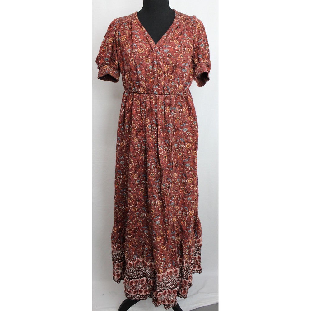 Knox Rose Rust Floral Paisley Maxi Dress V-Neck Puff Sleeve Boho Peasant Medium